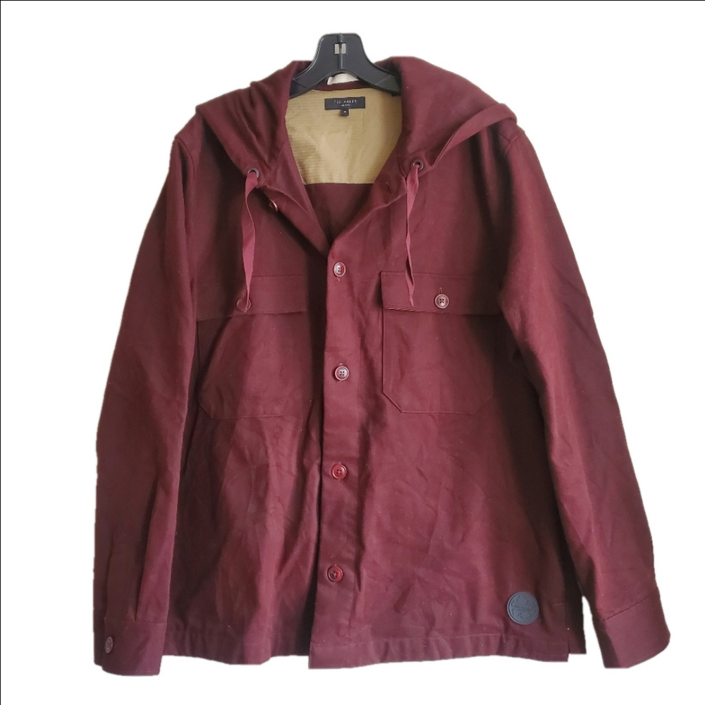 Ted Baker London Button Down Burgundy Lyocell Cotton Hooded Lightweight Coat 4